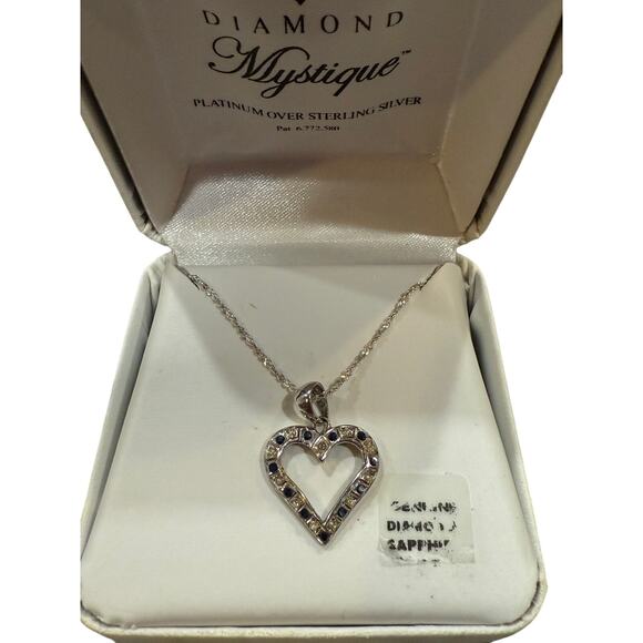NIB Mystique Platinum Over Sterling Silver Diamond & Sapphire Heart Necklace - Picture 16 of 16